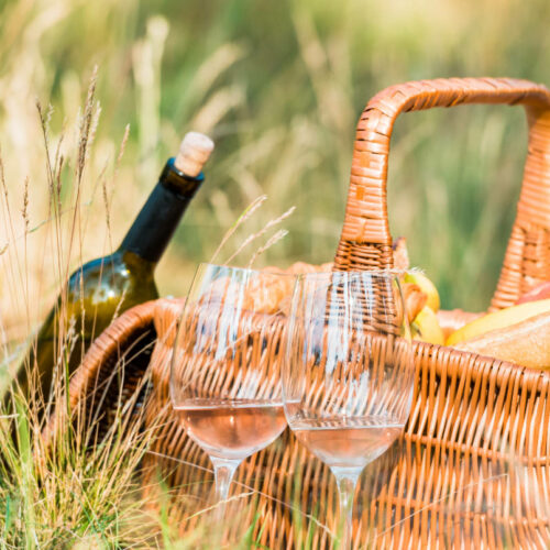 cestino da picnic in vigna, con bottiglia di vino e calici di vino per un esperienza o attività (experience)